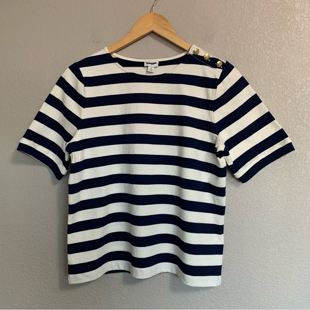 J Crew Factory Navy Short Sleeve Striped Button Shoulder Tee Size Small NWT - Picture 3 of 13